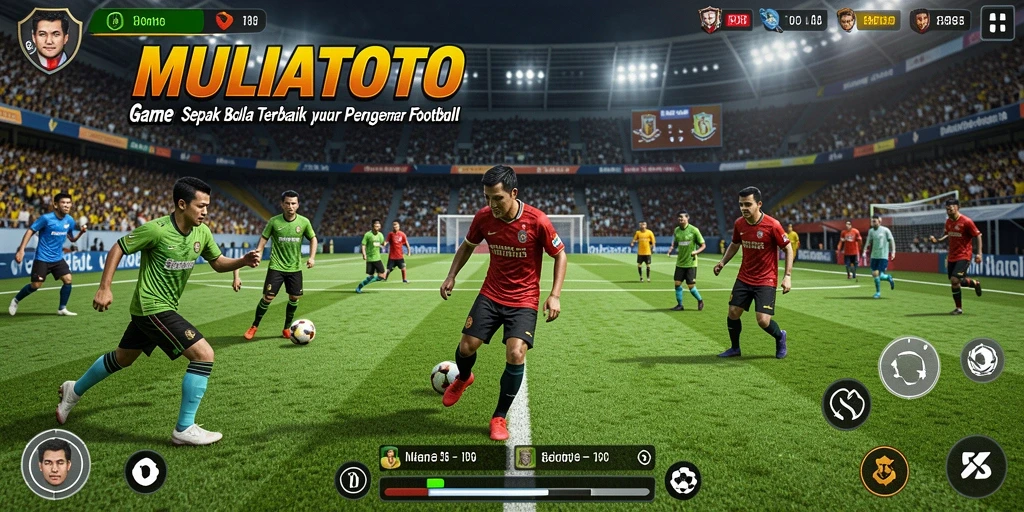 Tampilan gameplay MULIATOTO dengan aksi seru di lapangan sepak bola.